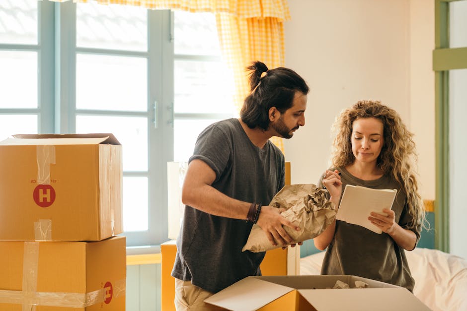 Interior of a home during a house move, showing a woman with long curly hair seated at a table, holding a pen and reviewing documents or a moving checklist for the E14 moving process. In the background, a man with dark hair tied back is lifting or carrying a cardboard box, preparing it for transportation as part of the furniture transport or packing and moving activities. The room is well-lit with natural light coming through large windows, revealing greenery outside. Several packed cardboard boxes, some sealed with tape, are placed on the table and nearby surfaces, indicating ongoing packing tasks related to house removals. A furniture blanket or padding is visible on a sofa, suggesting protection for delicate items during the move. The environment is organized, with moving labels and equipment such as a clipboard and pen being used to coordinate the home relocation. This scene captures the logistical aspects of a professional removals service, as seen in the work of Man with Van Limehouse.