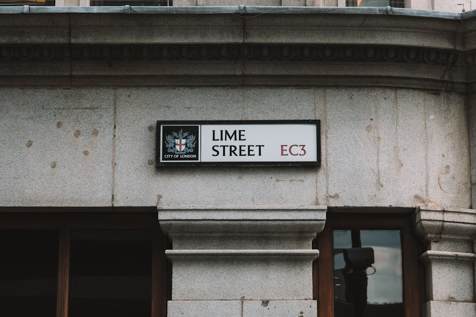 A close-up image of a street sign mounted on a stone building facade displaying 'LIME STREET' in bold black letters with the postcode 'EC3' in red, under a blue and white emblem of the City of London. The sign is framed in black and positioned above a window, which is partially visible at the bottom right of the image. The building’s surface features a light-colored stone finish with visible weathering and small stains. Surrounding the sign, the architectural details include a decorative horizontal molding and a smooth vertical pilaster. The image is taken during daylight, with natural light illuminating the stone texture and the sign, representing an urban environment relevant to house removals and relocation logistics in Limehouse.